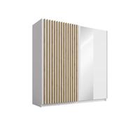 Vente-unique-Armario de 2 Puertas correderas - con Espejo - 200 cm - Blanco y Natural - TINDANIA