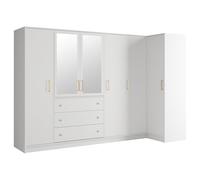 Vente-unique-Armario esquinero de 6 Puertas y 3 cajones - con Espejos - L311 cm - Blanco - Lizandro
