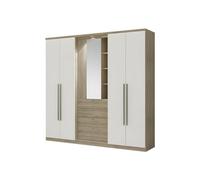 Vente-unique-Armario ISAK - 4 Puertas - Espejo y cajones - Largo 240 cm - Roble y Marfil