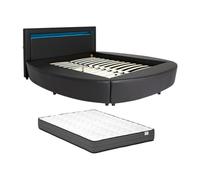 Vente-unique-Cama 160 x 200 cm - con Leds - Piel sintética - Negro + Colchón - ABULIS III