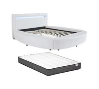 Vente-unique-Cama 180 x 200 cm - con Leds - Piel sintética - Blanco + Colchón - ABULIS III