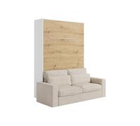 Vente-unique-Cama abatible 140 x 190 cm - Apertura Vertical Manual - con Leds - Blanco y Natural + Sofá - RAPILI