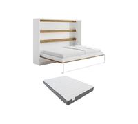 Vente-unique-Cama abatible 140 x 200 cm - Apertura Horizontal Manual - con Leds - Blanco y Natural + ColchÛn - RAPILI