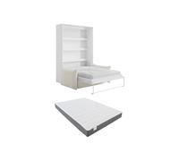 Vente-unique-Cama abatible 140 x 200 cm - Apertura Vertical Manual - con Leds - Blanco + ColchÛn + Sofá - RAPILI