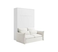 Vente-unique-Cama abatible 140 x 200 cm - Apertura Vertical Manual - con Leds - Blanco + Sofá - RAPILI