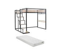 Vente-unique-Cama Alta 140 x 200 cm - Metal y MDF - Negro y Natural + colchón - JOGUI