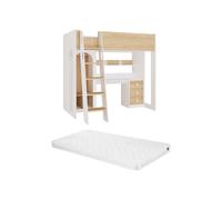 Vente-unique-Cama Alta 90 x 190 cm con Armario y Escritorio - Colores: Natural y Blanco + ColchÛn - ALVENOU