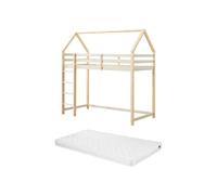 Vente-unique-Cama Alta cabaÒa 90 x 190 cm - Pino Macizo - Beige y Natural + ColchÛn - TARZIA