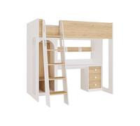 Vente-unique - Cama alta de 90 x 190 cm con armario y escritorio - Color: natural y blanco - Alvenou - para niños