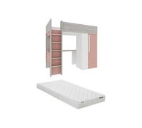 Vente-unique Cama Alta Nicolas 90 x 200 cm con Armario y Escritorio, Color Rosa y Blanco + colchÛn