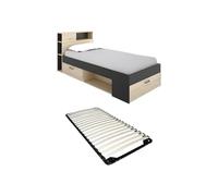 Vente-unique-Cama con cabecero con Compartimentos y cajón - 90 x 190 - Antracita y Natural + Somier - Leandre