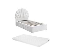 Vente-unique-Cama con Forma de Concha 90 x 190 cm con 2 cajones + ColchÛn - Terciopelo - Blanco - Moana
