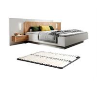 Vente-unique-Cama con mesas de Noche 160 x 200 cm - 2 cajones - con Leds - Color: Blanco y Natural + Somier - FRANCOLI