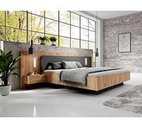 Vente-unique-Cama con mesas de Noche 160 x 200 cm - 2 cajones - con Leds - Color: Natural y Antracita + Somier - FRANCOLI