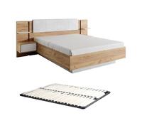 Vente-unique-Cama con mesitas de Noche 160 x 200 cm - con Leds - Color: Natural y Blanco + Somier - ELYNIA