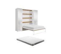 Vente-unique - Cama retráctil vertical de 160 x 200 cm con 2 columnas de almacenamiento, con espejos y LED, color blanco y natural + colchón Rapili