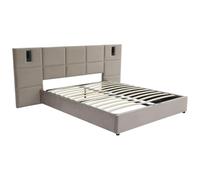Vente-unique-Canapé abatible de 160 x 200 cm con cabecero y lámpara integrada - Terciopelo - Topo - SARETO