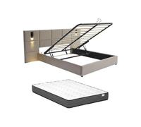Vente-unique-Canapé abatible de 180 x 200 cm con cabecero y lámpara integrada - Terciopelo - Topo + Colchón - SARETO