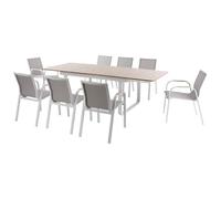 Vente-unique-Comedor de jardÌn de Aluminio: Mesa Extensible de Aluminio L.155/246 cm y 8 sillones - Natural Claro y Blanco - SERUNO de MYLIA