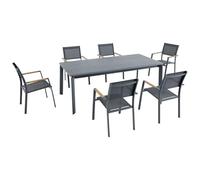 Vente-unique-Comedor de jardÌn de Aluminio: Mesa Extensible L.205/286,5 cm y 6 sillones apilables - Antracita - MACILA de MYLIA