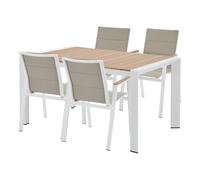 Vente-unique-Comedor de jardín de Aluminio: Mesa L.150 cm y 4 sillones apilables - Natural Claro y Blanco - LIOUS de MYLIA