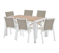 Vente-unique-Comedor de jardín de Aluminio: Mesa L.150 cm y 6 sillones apilables - Natural Claro y Blanco - LIOUS de MYLIA