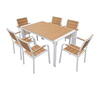 Vente-unique-Comedor de jardín de Aluminio: Mesa L.150 cm y 6 sillones apilables - Natural Claro y Blanco - NYROS de MYLIA