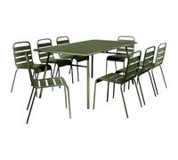 Vente-unique-Comedor de jardín de Metal - Mesa L.200 cm y 8 sillas apilables - Verde Caqui - MIRMANDE de MYLIA