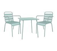 Vente-unique-Comedor de jardín de Metal - Mesa L.70 cm y 2 sillones apilables - Verde Almendra - MIRMANDE de MYLIA
