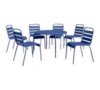 Vente-unique-Comedor de jardín de Metal - Mesa Redonda D.130cm y 6 sillas apilables - Azul Noche - MIRMANDE de MYLIA