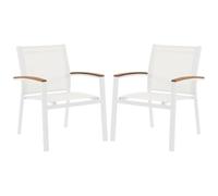Vente-unique-Conjunto de 2 sillones de jardÌn apilables de Aluminio y textileno - Blanco y reposabrazos de Acacia - TAIPIVAI de MYLIA