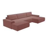 Vente-unique-Gran sofá Cama rinconero panorámico de Tela Terracota Amelia
