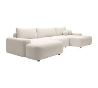 Vente-unique - Grand canapÈ d'angle panoramique Convertible en Tissu texturÈ crËme DAVISO
