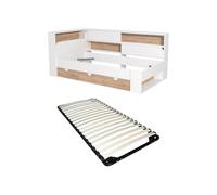 Vente-unique - Lit 90 x 190 cm Avec rangements - Coloris : Blanc et Naturel + Sommier - TAMADU -