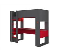 Vente-unique - Lit Mezzanine Gamer Noah Avec Bureau et rangements intÈgrÈs - 90 x 200 cm - Avec Leds - Anthracite et Rouge -