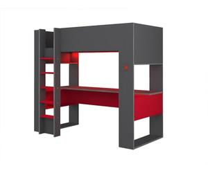 Vente-unique - Lit Mezzanine Gamer Noah Avec Bureau et rangements intÈgrÈs - 90 x 200 cm - Avec Leds - Anthracite et Rouge -