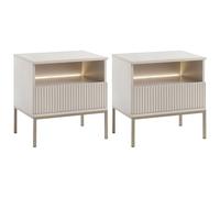 Vente-unique-Lote de 2 mesitas de Noche con 1 cajón y 1 Estante - con Leds - MDF y Cristal Ahumado - Beige - Ovila