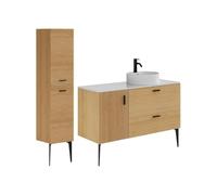 Vente-unique - Meuble de Salle de Bain striÈ Sur Pieds Avec Vasque ‡ Poser et Colonne - 1 Porte et 2 tiroirs - Naturel Clair - 120 cm - SARONE