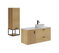 Vente-unique - Meuble de Salle de Bain Suspendu striÈ Avec Vasque ‡ Poser et Colonne Avec Niche - 1 Porte et 2 tiroirs - Naturel Clair - 120 cm - SARONE