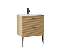 Vente-unique-Mueble de baño Estriado con Patas, Lavabo encastrado y Grifo - 2 cajones - Natural Claro - 60 cm - SARONE