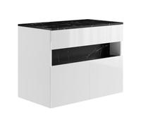 Vente-unique-Mueble de baño Flotante con Luces LED y encimera - Blanco y Negro Efecto mármol - Ancho 80 cm - POZEGA