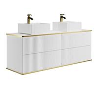 Vente-unique-Mueble de baño Flotante con Ribete Dorado y Dos lavabos Cuadrado - Blanco - 150 cm - KELIZA