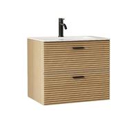 Vente-unique-Mueble de baño suspendido Estriado con Lavabo encastrado y Grifo - 2 cajones - Natural Claro - 60 cm - SARONE