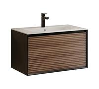 Vente-unique-Mueble de baño suspendido Estriado con Lavabo encastrado y Grifo - Color Madera Oscura Natural y Negro - 80 cm - BANIVA