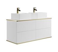 Vente-unique-Mueble de baÒo Flotante Rayado con Ribete Dorado y Doble Lavabo sobre encimera - Blanco - 120 cm - KELIZA