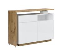 Vente-unique-Mueble de Bar pivotante ELDIR - 2 Puertas, 1 cajón y 1 Estante - MDF - Blanco Lacado y Roble