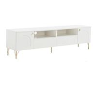 Vente-unique-Mueble de TV con 2 Puertas, 2 cajones y 2 Huecos - Blanco y Dorado - ALOBARA