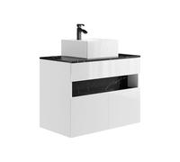 Vente-unique - Mueble Flotante de baÒo con Luces LED y Lavabo sobre encimera - Blanco y Negro con Efecto m·rmol - Ancho 80 cm - POZEGA