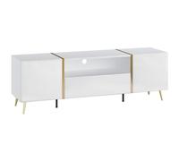 Vente-unique-Mueble TV con 2 Puertas, 1 cajón y 1 Estante - Blanco Brillante y Dorado - MARZIALO