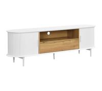 Vente-unique-Mueble TV con 2 Puertas correderas, 1 cajón y 1 Estante de MDF - Blanco y Natural - VELURANI